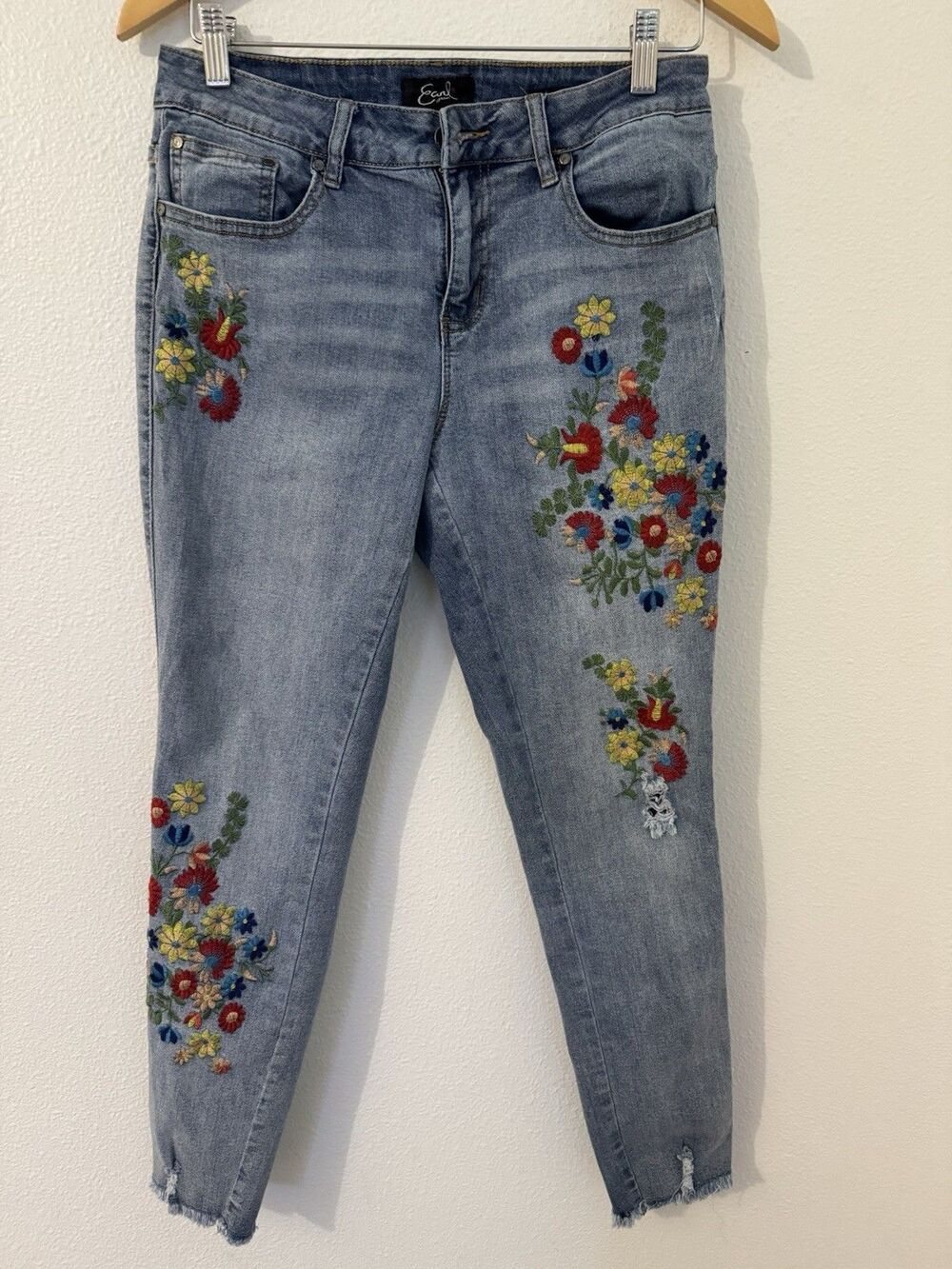 Earl Jean Women's Blue Floral Embroidered Skinny Ankle Jeans Sz 8 Boho Hippie